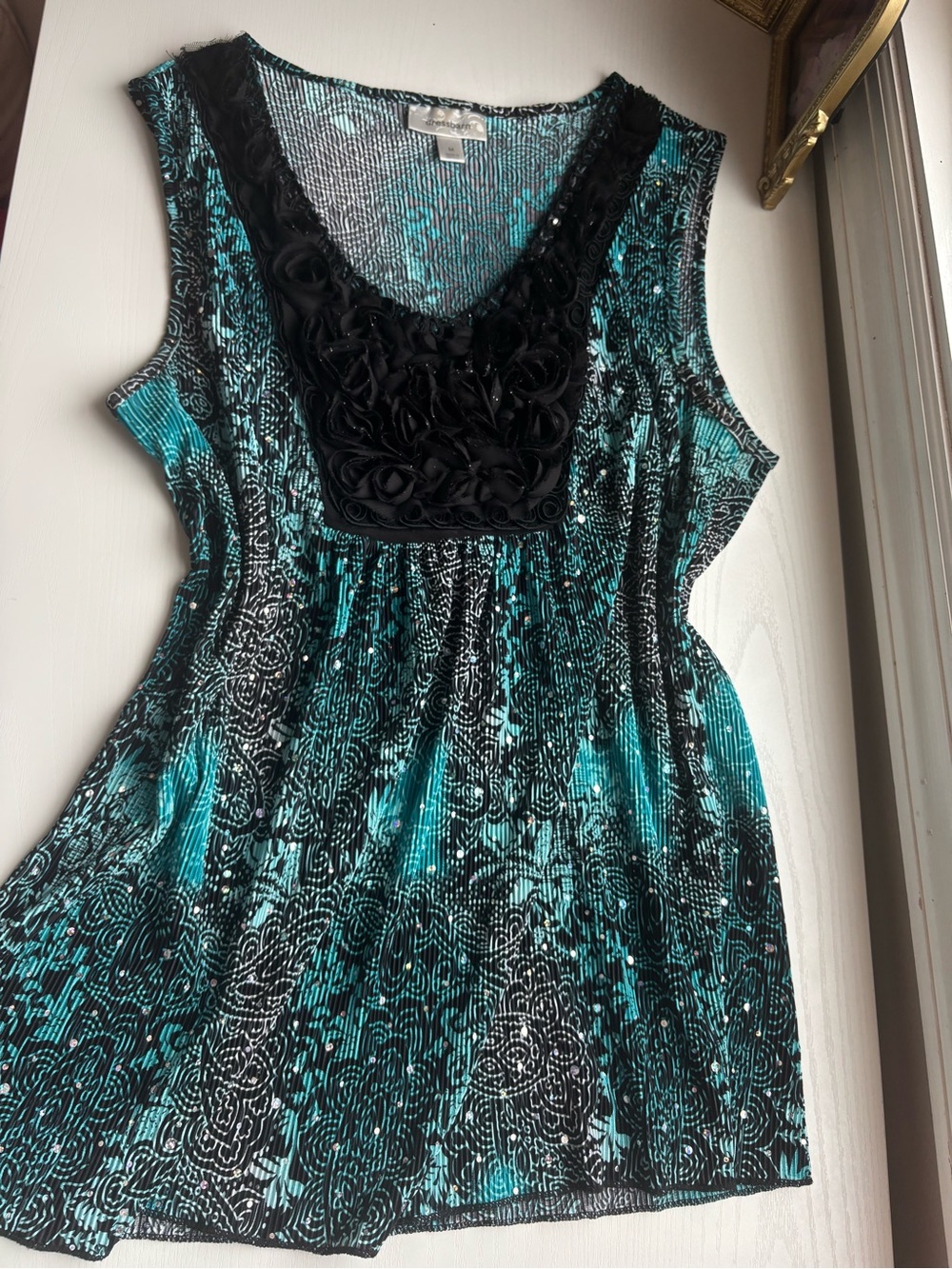 dressbarn Black and Teal Printed Top